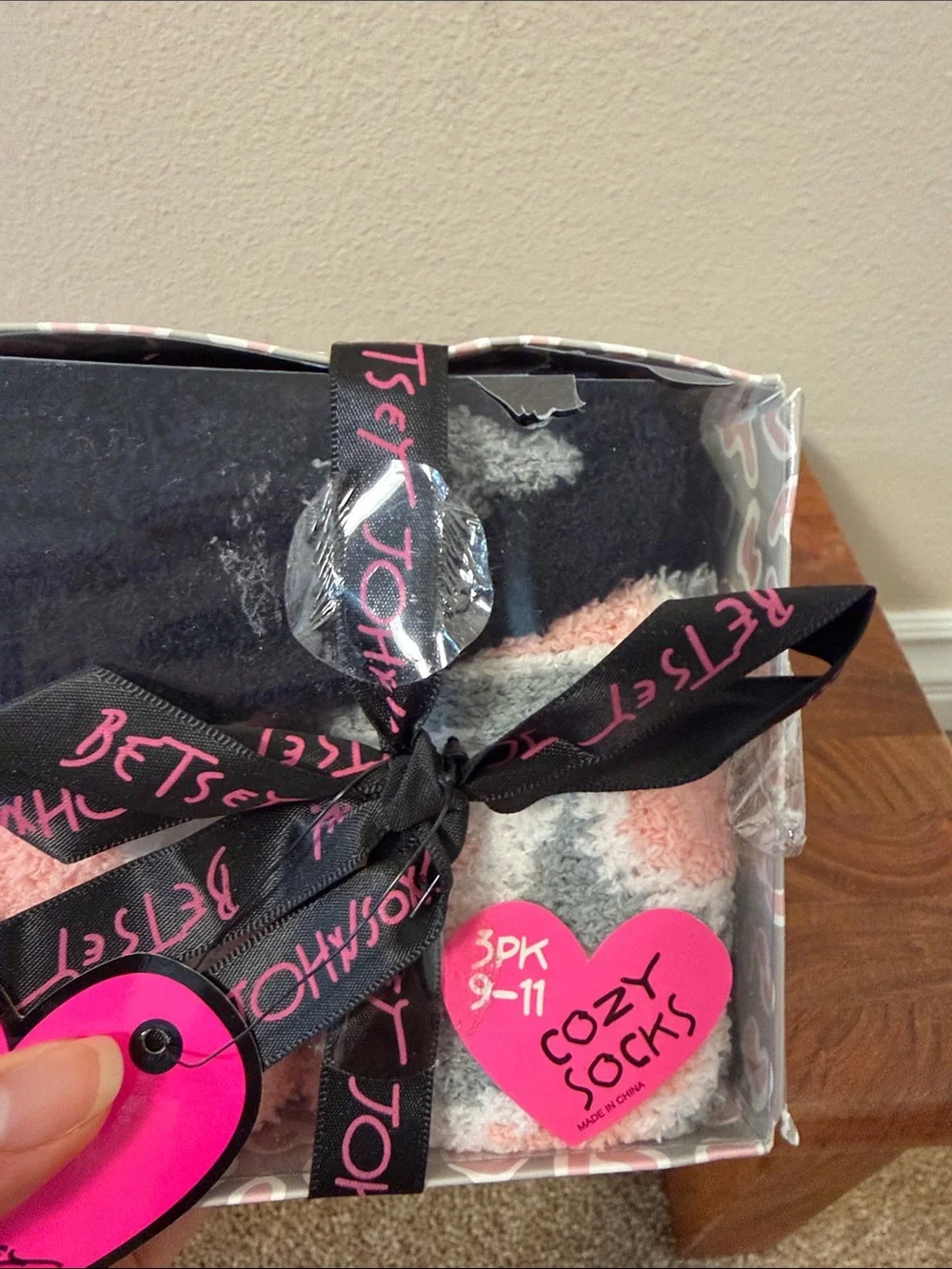 Betsey Johnson Black & Pink Plush Sock Set in Gift Box